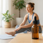 Une femme détendue assise sur un tapis de yoga à côté d'un flacon d'huile de CBD.