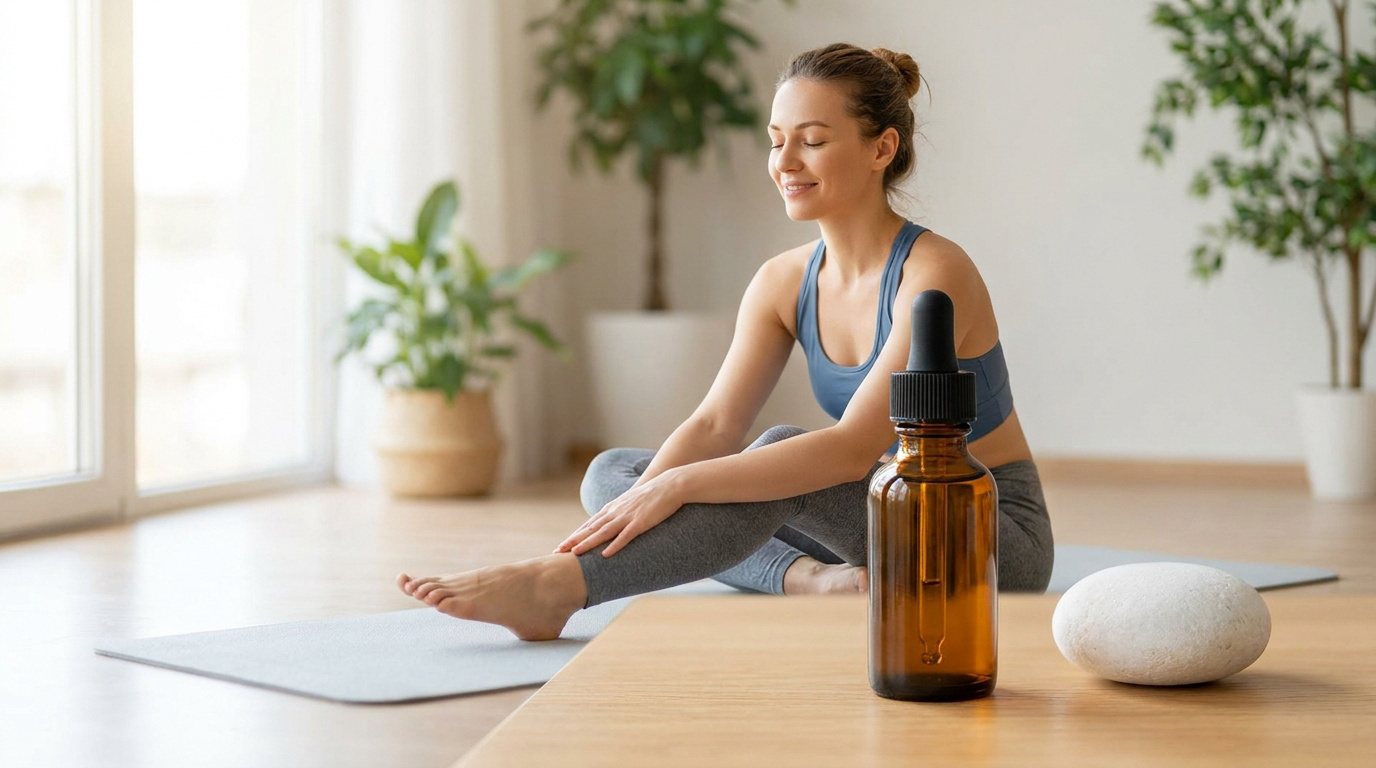 Une femme détendue assise sur un tapis de yoga à côté d'un flacon d'huile de CBD.
