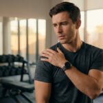 Un homme en salle de sport se tenant l'épaule avec une expression de douleur ou d'inquiétude.