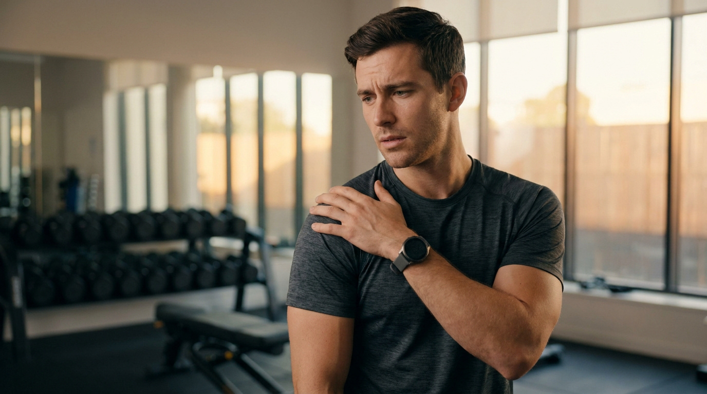 Un homme en salle de sport se tenant l'épaule avec une expression de douleur ou d'inquiétude.