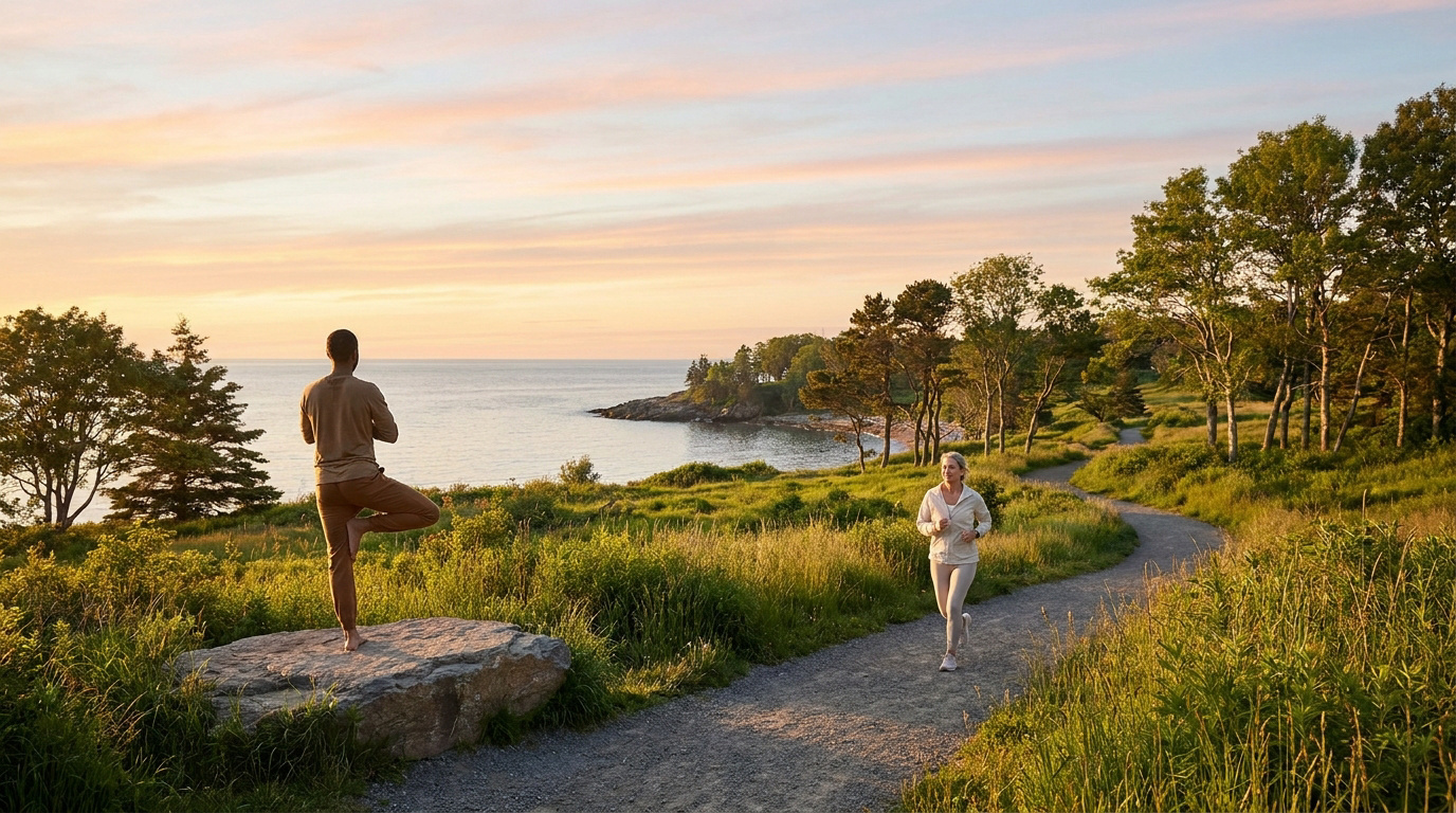 Un homme faisant du yoga sur un rocher et une femme courant sur un sentier côtier au coucher du soleil.